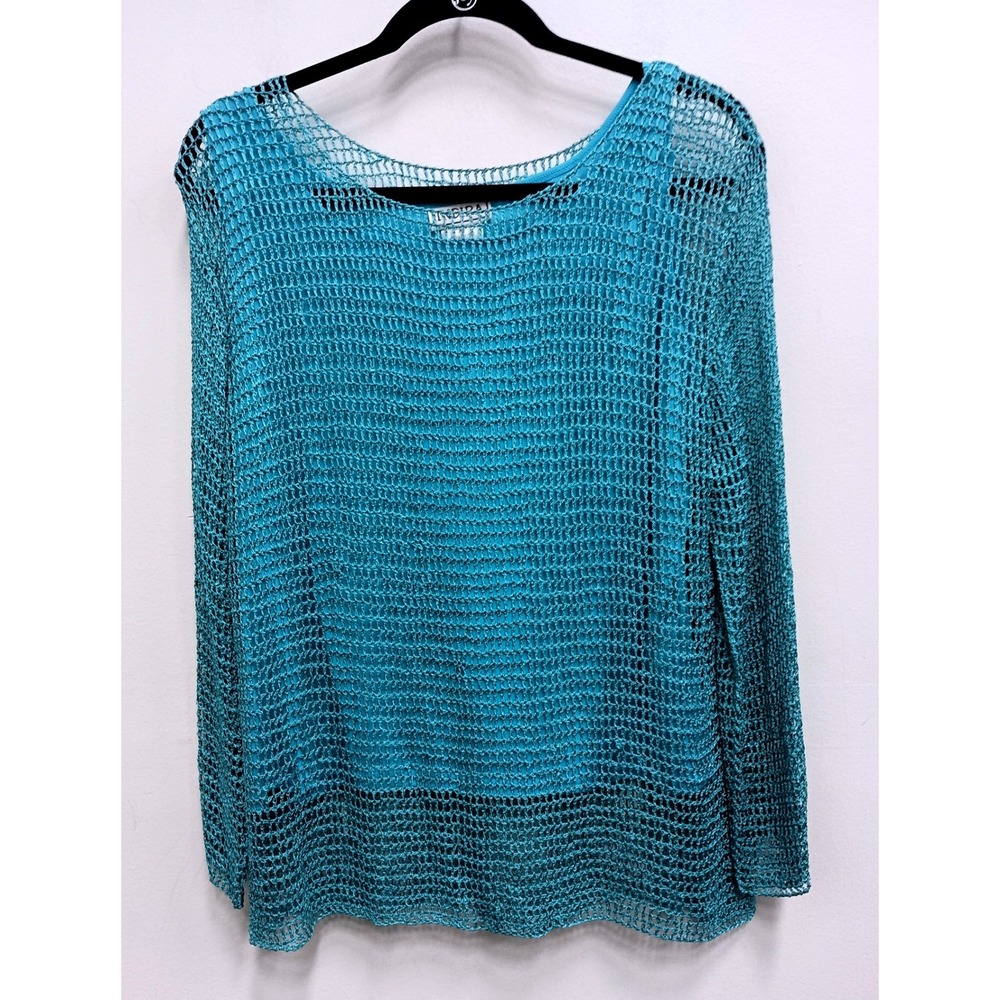 VTG Y2K Indira Crochet Mesh Top Womens XL  Blue Sheer Long Sleeve Boho